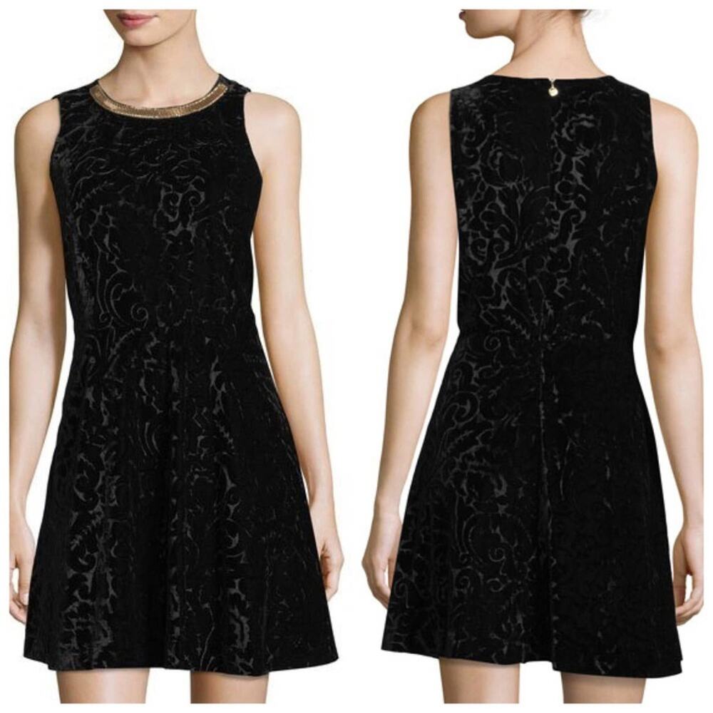 Michael Kors NWT Black Velvet Dress A-line Gold Chain Trim Evening Mini